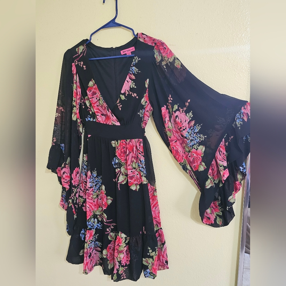 Betsey Johnson Black Dress with Pink Floral Design
